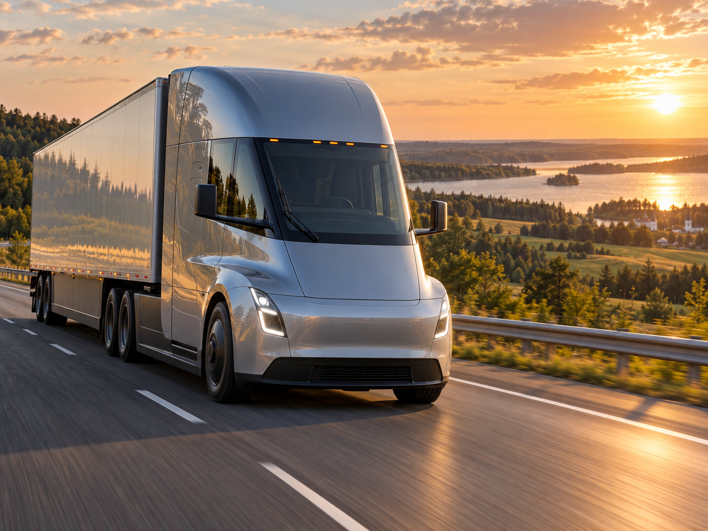 Illustrative silver Tesla Semi electric truck on a highway at sunset
